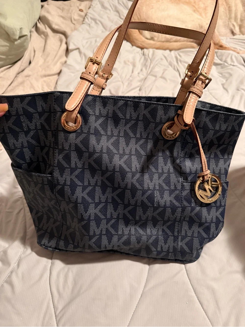 Michael Kors Navy MK Logo Tote with Tan Leather Straps